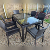 Rattan Effect Garden Furniture Set – Glass Top Dining Table 6 Stackable Chairs