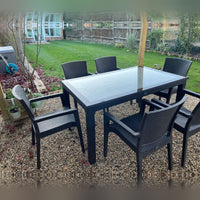 Rattan Effect Garden Furniture Set – Glass Top Dining Table 6 Stackable Chairs