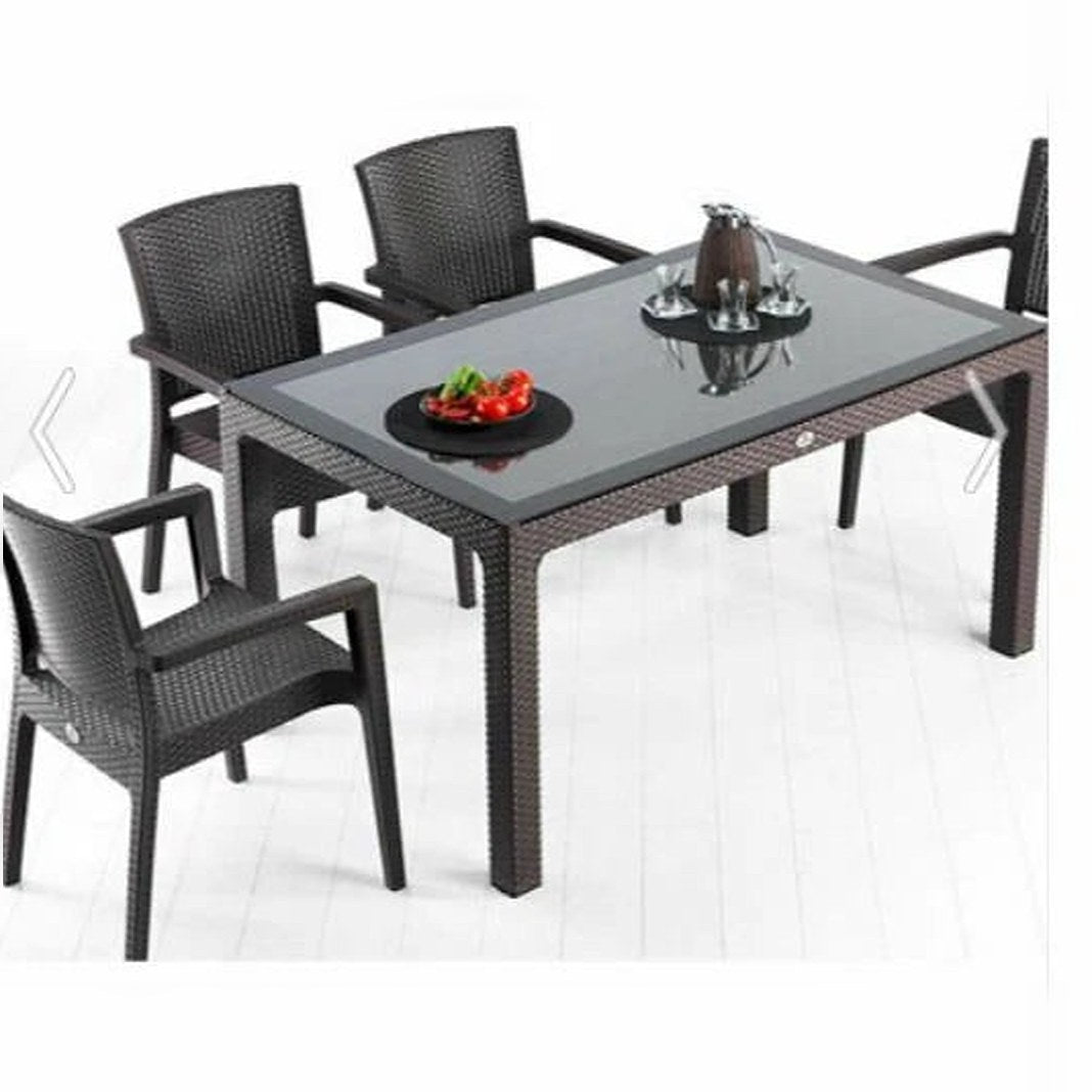 Rattan Effect Garden Furniture Set – Glass Top Dining Table 6 Stackable Chairs