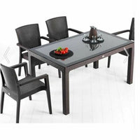 Rattan Effect Garden Furniture Set – Glass Top Dining Table 6 Stackable Chairs