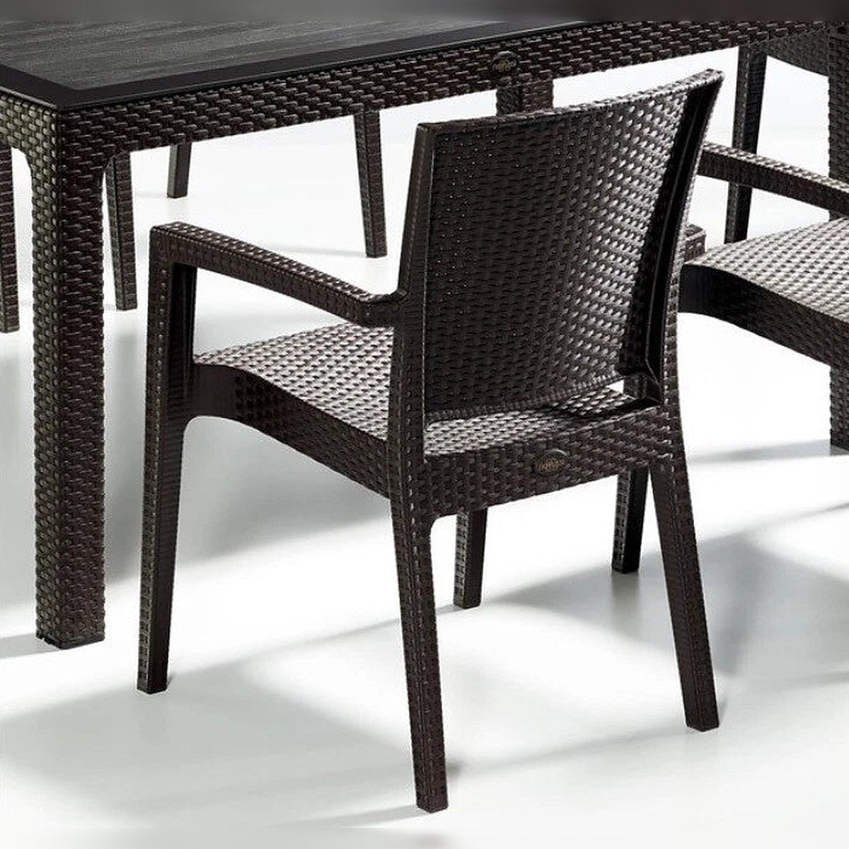 Rattan Effect Garden Furniture Set – Glass Top Dining Table 6 Stackable Chairs