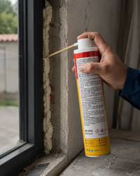 A hand holding a can of UN 1950 Aeroplasts spray foam sealant, applying a thick beige foam seal around a window frame in an unfinished room.