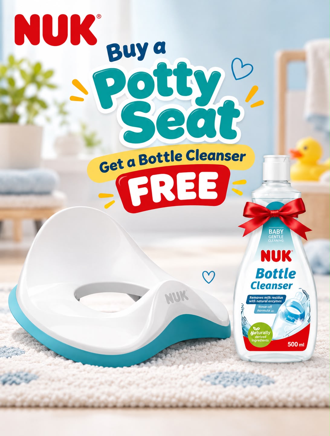 NUK potty training toilet seat in white and teal with FREE NUK Bottle Cleanser 500ml combo offer.