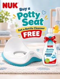 NUK potty training toilet seat in white and teal with FREE NUK Bottle Cleanser 500ml combo offer.