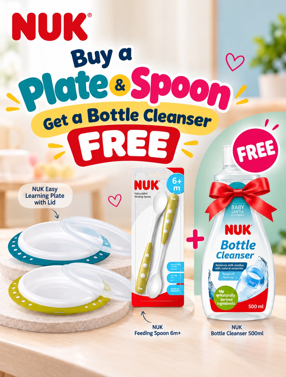 NUK Baby Feeding Combo featuring Easy Learning Plate with Lid, Feeding Spoon 6m+ and FREE Bottle Cleanser 500ml.