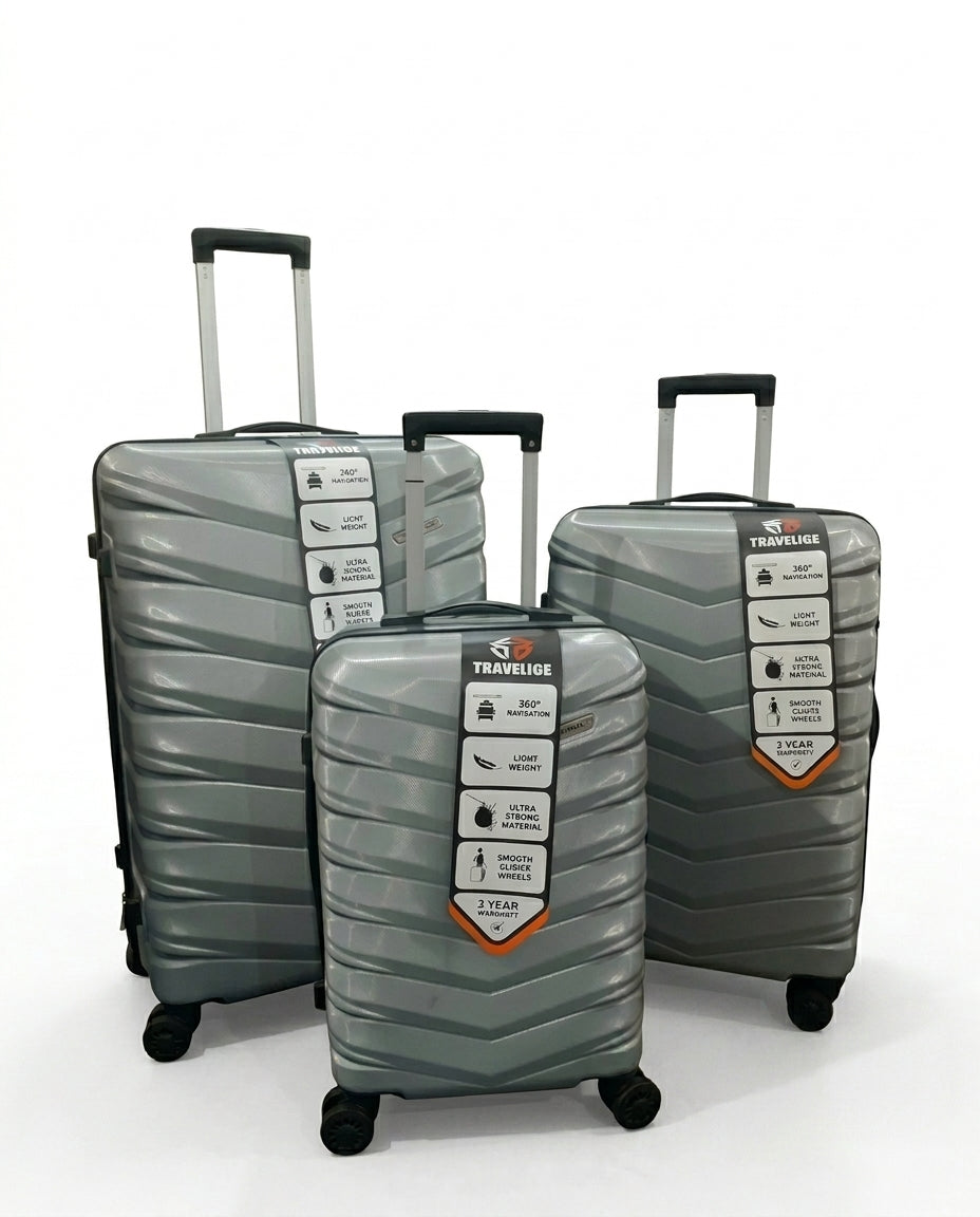 TRAVELIGE Velocity 3-Piece Luggage Set – Silver | 55cm, 68cm & 79cm