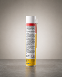 A can of WD-40 Specialist anti-freeze and degreaser spray, shown from the back with its white cap, white label, yellow base, and a clear applicator wand resting against it, set on a gray surface against a neutral gray background.